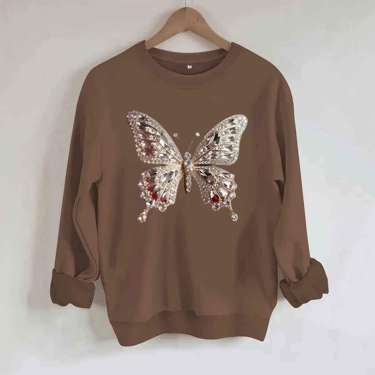 Butterfly print round neck fleece hoodie