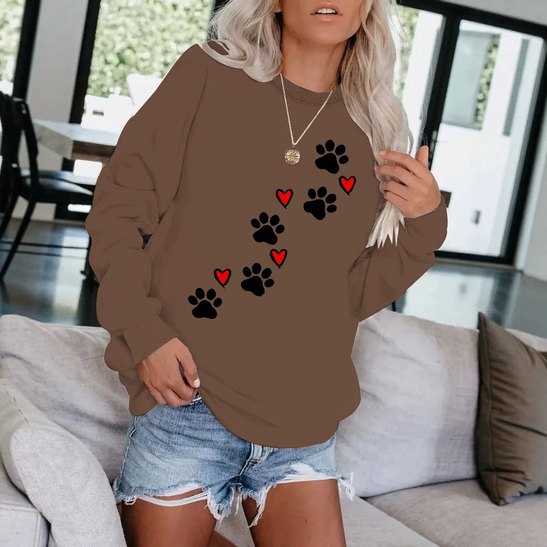 Cat paw print round neck fleece hoodie