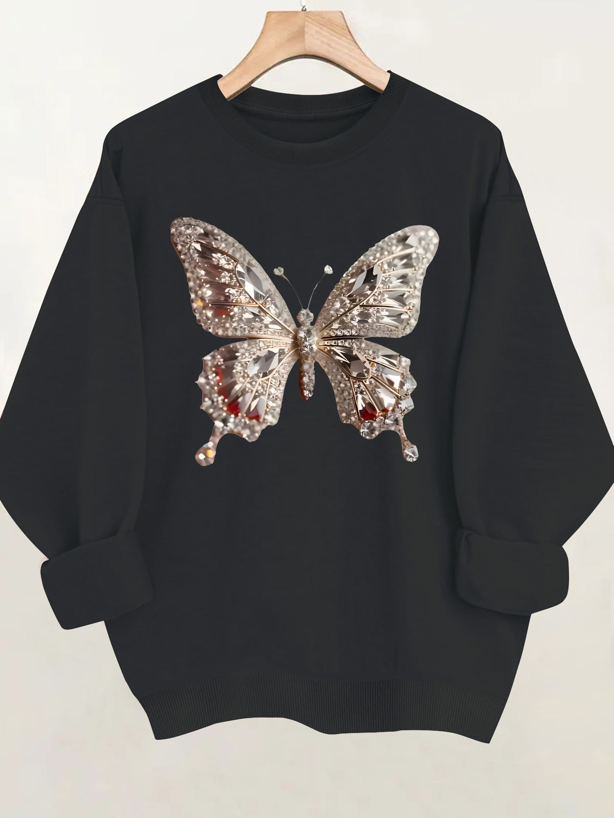 Butterfly print round neck fleece hoodie