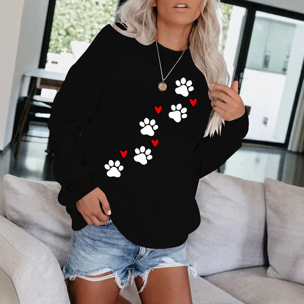 Cat paw print round neck fleece hoodie