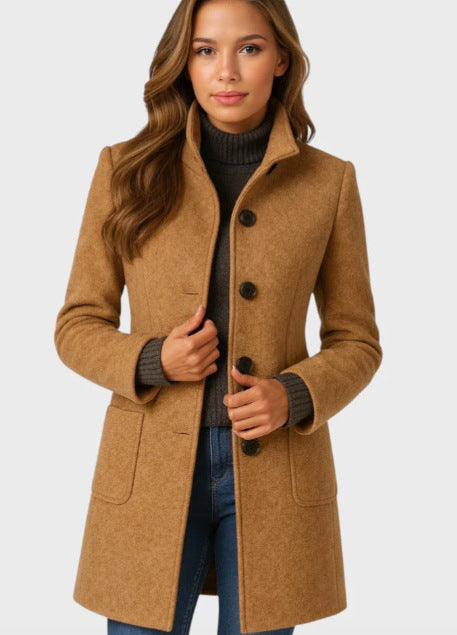 Solid Button-Collar Woolen Coat