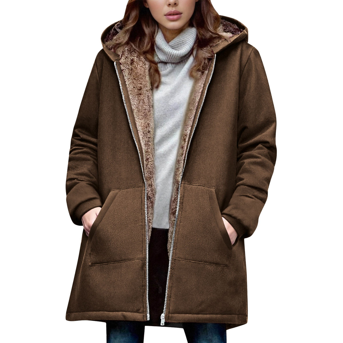 Autumn And Winter Fleece Hooded Trench Coat