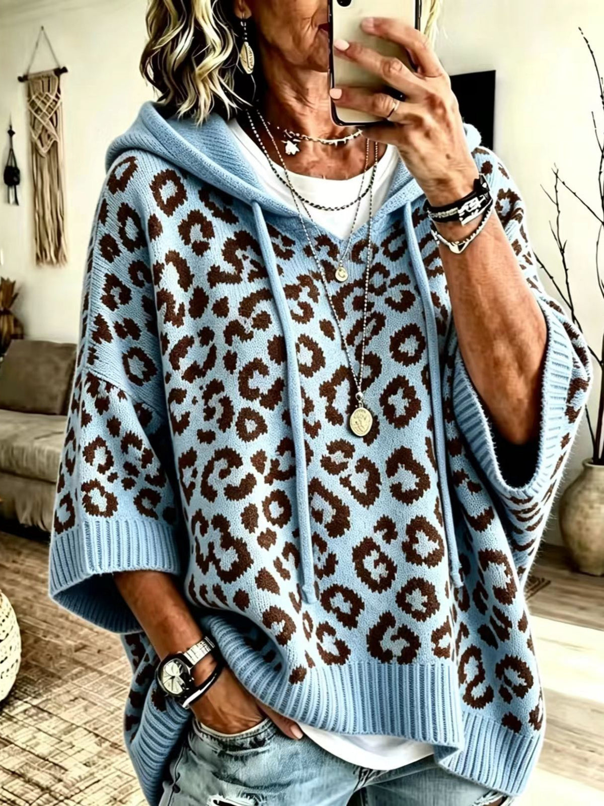 Leopard-Print Drawstring Hoodie