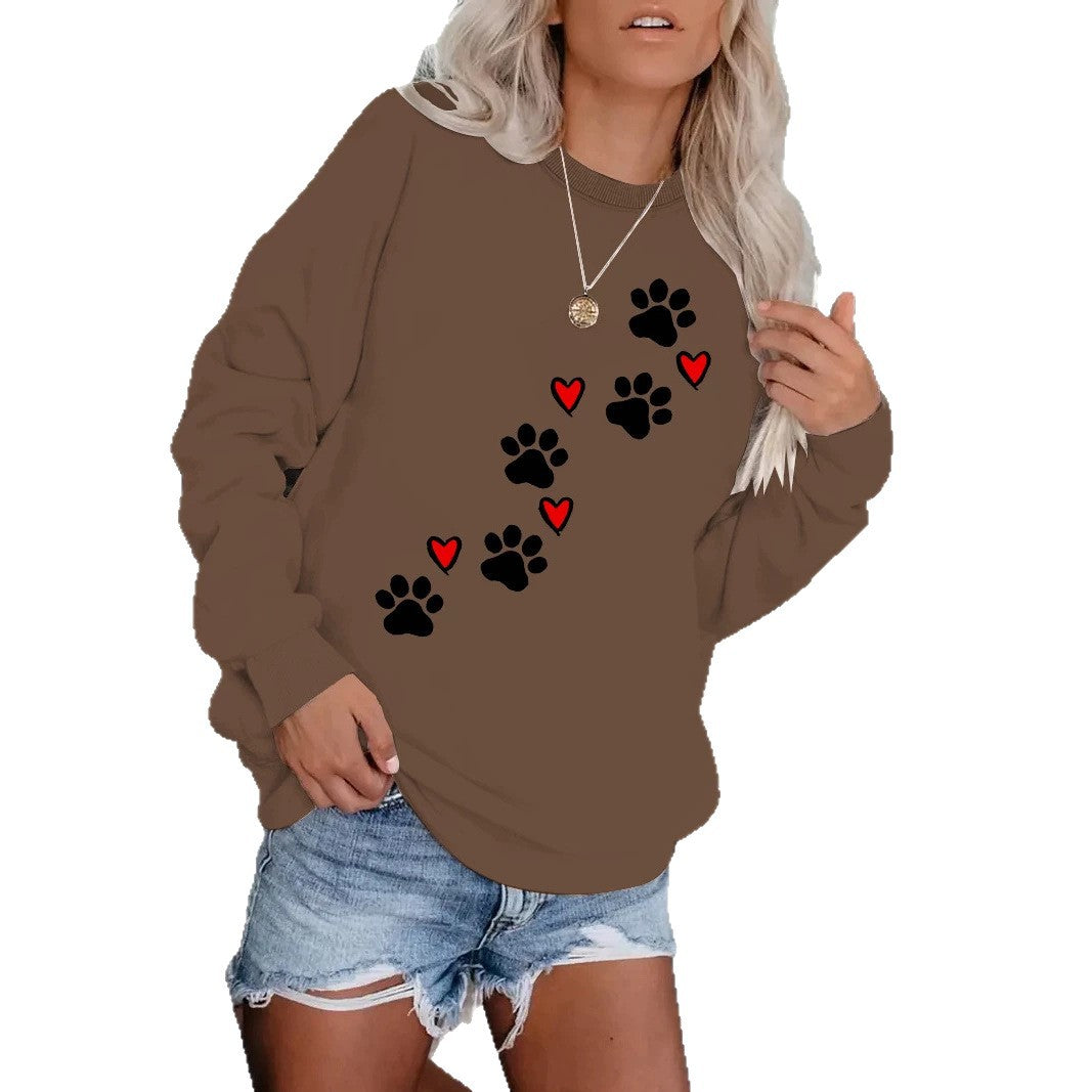 Cat paw print round neck fleece hoodie