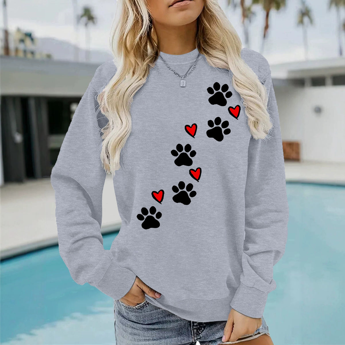 Cat paw print round neck fleece hoodie