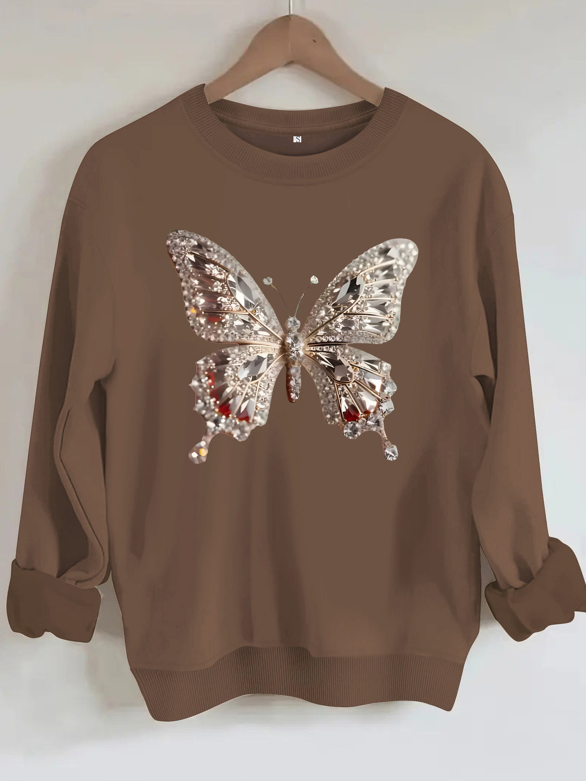 Butterfly print round neck fleece hoodie