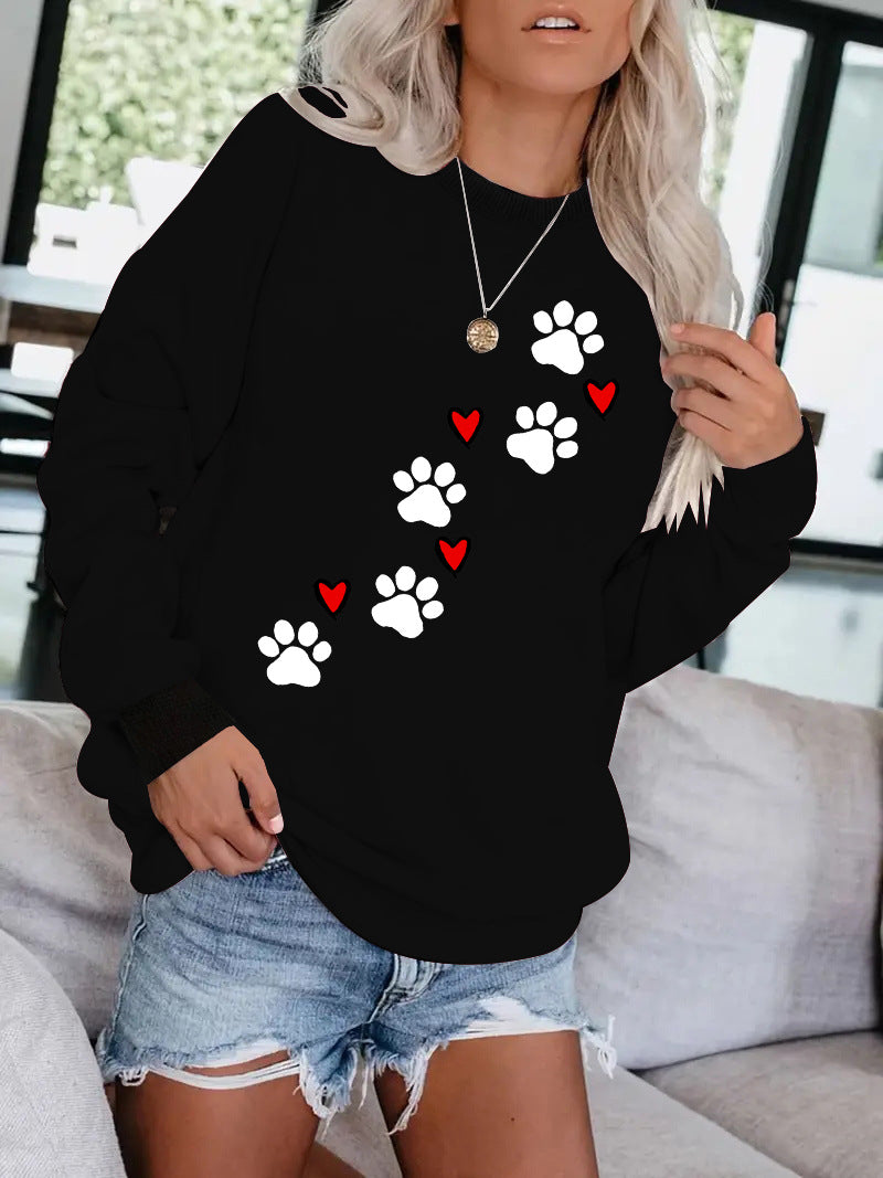 Cat paw print round neck fleece hoodie
