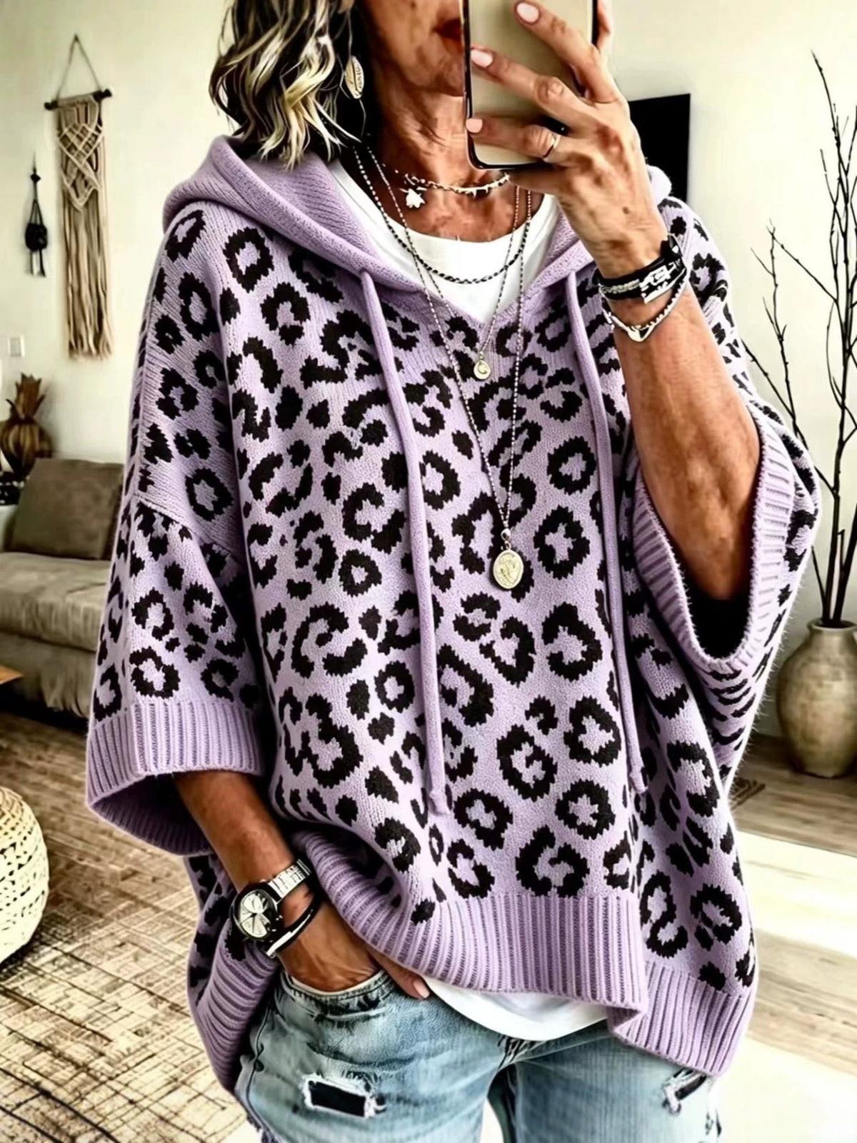 Leopard-Print Drawstring Hoodie